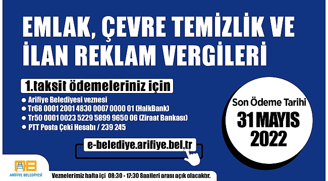 Arifiye Belediyesinden Emlak ve Çevre Temizlik Vergisi Hatırlatması